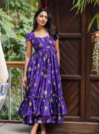 FANCY CHINON SILK DIGITAL PRINTED ONE PIECE DRESS  PURPLE