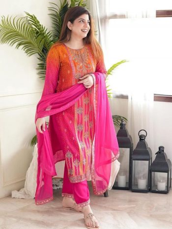 FANCY CHINON SILK HAND WORK WITH LINING  WORK TOP BOTTOM WITH DUPATTA  RANI