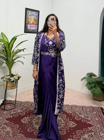 FANCY CHINON SILK PLAIN READY TO WEAR SAREE WITH EMBROIDERY SEQUENCE WOTK STITCHED BLOUSE AND KOTI PURPLE