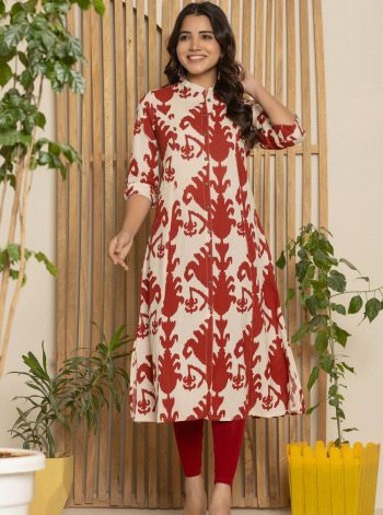 FANCY COTTON BLOCK PRINTED KALI WORK ONLY KURTI RED