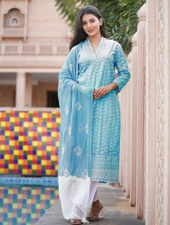 FANCY COTTON EMBROIDERY WORK TOP BOTTOM WITH DUPATTA SKY