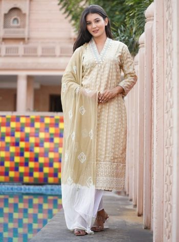 FANCY COTTON EMBROIDERY WORK TOP BOTTOM WITH DUPATTA CHIKU