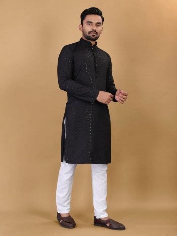 FANCY COTTON FOIL PRINTED MEN'S KURTA PAYJAMA BLACK