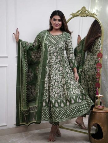 FANCY COTTON PRINTED EMBROIDERY LACE WORK GOWN BOTTOM WITH DUPATTA GREEN