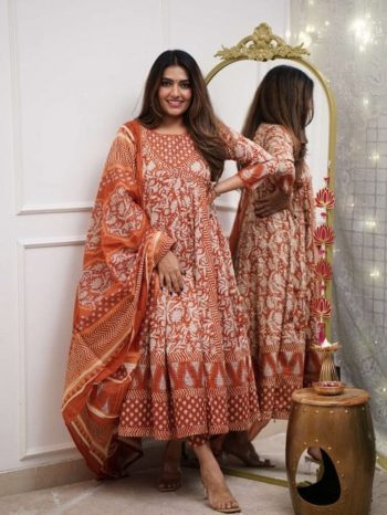 FANCY COTTON PRINTED EMBROIDERY LACE WORK GOWN BOTTOM WITH DUPATTA ORANGE