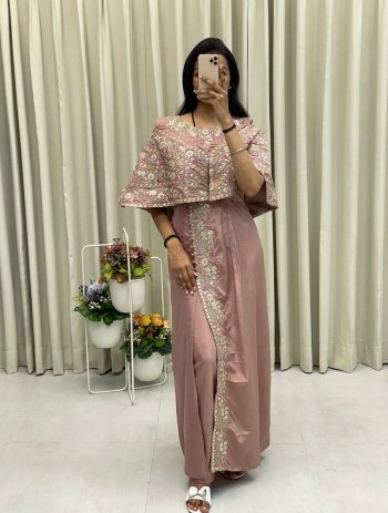 FANCY CREPE SILK CODING SEQUENCE EMBROIDERY FOIL PAPER WORK TOP WITH BOTTOM BABY PINK