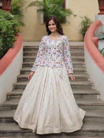 FANCY DYABLE VISCOSE JACQUARD WORK TOP WITH LEHENGA  OFF WHITE
