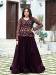 FANCY FAUX BLOOMING EMBROIDERED  SEQUENCE WORK PEPLUM TOP WITH LEHENGA  WINE