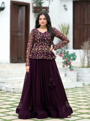 FANCY FAUX BLOOMING EMBROIDERED  SEQUENCE WORK PEPLUM TOP WITH LEHENGA  WINE