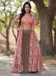 FANCY FAUX GEORGETTE CRUSH PLEATING WORK LEHENGA WITH PRINTED STITCHED BLOUSE AND SHRUG GREEN