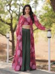 FANCY FAUX GEORGETTE CRUSH PLEATING WORK LEHENGA WITH PRINTED STITCHED BLOUSE AND SHRUG PARTY WEAR WHOLESALE PRICE ETHNIC GARMENT (3)