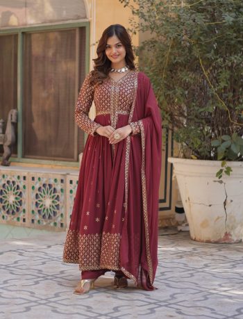 FANCY FAUX GEORGETTE EMBROIDERY WORK TOP BOTTOM WITH DUPATTA MAROON