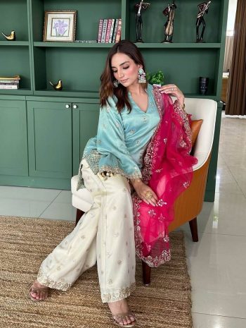 FANCY FRENCH CREPE EMBROIDERY SEQUENCE WORK TOP PALAZZO WITH DUPATTA  SKY