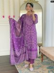 FANCY FRENCH CREPE PRINTED HAND MIRROR WORK TOP BOTTOM WITH DUPATTA PURPLE