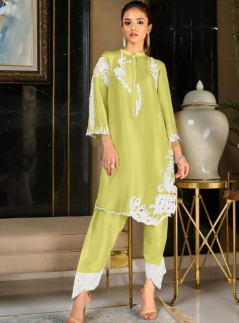 FANCY FRENCH SILK EMBROIDERY SEQUENCE WORK CO-ORD SET LEMON