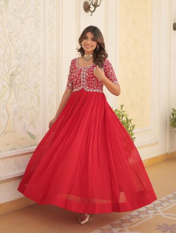 FANCY GEORGETTE BLOOMING EMBROIDERY ZARI SEQUENCE WORK ONLY GOWN RED