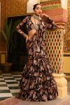 FANCY GEORGETTE DIGITAL PRINTED RUFFLE WORK LEHENGA SAREE WITH STITCHED BLOUSE BLACK