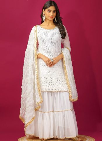 FANCY GEORGETTE EMBROIDERY SEQUENCE MOTI LACE WORK TOP SHARARA WITH DUPATTA WHITE
