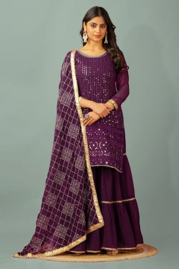 FANCY GEORGETTE EMBROIDERY SEQUENCE MOTI LACE WORK TOP SHARARA WITH DUPATTA WINE