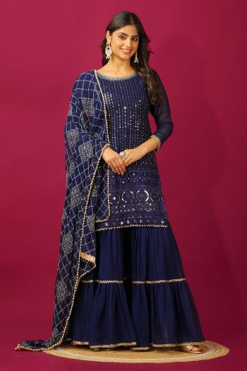 FANCY GEORGETTE EMBROIDERY SEQUENCE MOTI LACE WORK TOP SHARARA WITH DUPATTA BLUE