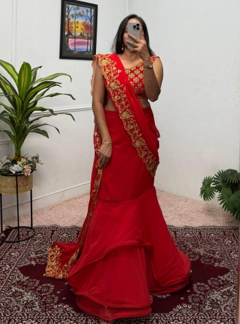 FANCY GEORGETTE EMBROIDERY WORK LEHENGA SAREE WITH ATTACHED PALLU AND STITCHED BLOUSE RED