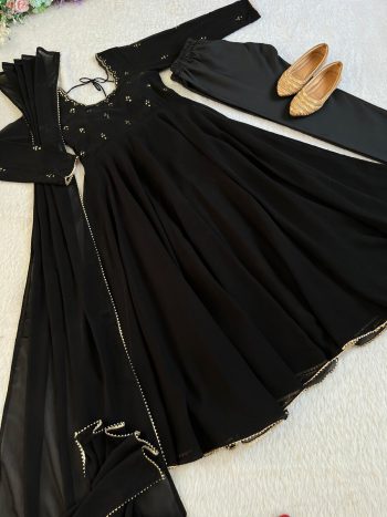 FANCY GEORGETTE HAND MIRROR EMBROIDERY WORK GOWN BOTTOM WITH DUPATTA BLACK