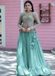 FANCY GEORGETTE PLAIN  FRILLS WORK LEHENGA WITH PEPLUM PRINTED EMBROIDERY SEQUENCE WORK TOP SEA GREEN