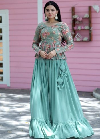 FANCY GEORGETTE PLAIN  FRILLS WORK LEHENGA WITH PEPLUM PRINTED EMBROIDERY SEQUENCE WORK TOP SEA GREEN