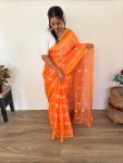 FANCY LINEN CHANDERI GOLD PURE ZARI PATTA WITH EMBROIDERY BUTTI WORK SAREE WITH UNSTITCHED BLOUSE  ORANGE