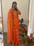 FANCY LINEN CHANDERI GOLD PURE ZARI PATTA WITH EMBROIDERY BUTTI WORK SAREE WITH UNSTITCHED BLOUSE FESTIVE WEAR WHOLESALE PRICE ETHNIC GARMENT (17)