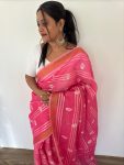 FANCY LINEN CHANDERI GOLD PURE ZARI PATTA WITH EMBROIDERY BUTTI WORK SAREE WITH UNSTITCHED BLOUSE FESTIVE WEAR WHOLESALE PRICE ETHNIC GARMENT (8)