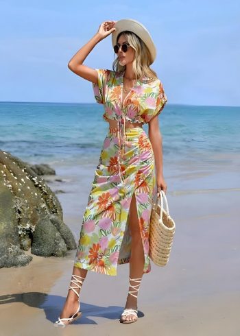FANCY LYCRA FLORAL PRINTED CROP TOP WITH SKIRT CO-ORD SET MULTI