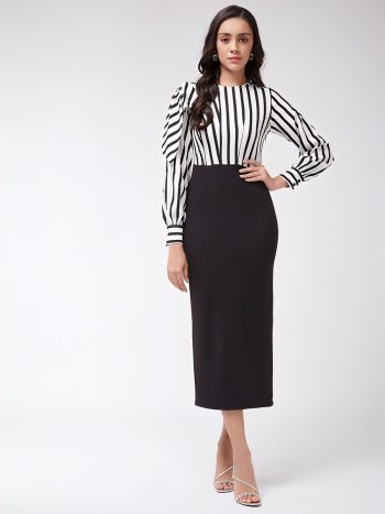 FANCY LYCRA LINING WORK BODYCON DRESS  BLACK