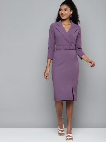 FANCY LYCRA ONE SIDE SLIT WITH COLLER BODYCON DRESS LAVENDER