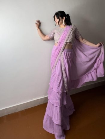 FANCY MONO BANGLORI SILK MULTI THREAD EMBROIDERY WITH SEQUENCE WORK LEHENGA SAREE WITH STITCHED BLOUSE  LAVENDER
