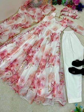 FANCY ORGANZA TABBY SILK DIGITAL PRINT AND HANDWORK GOWN BOTTOM WITH DUPATTA  WHITE