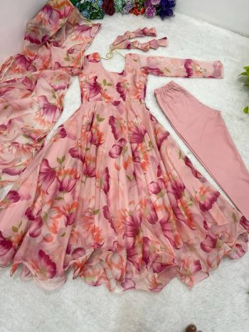 FANCY ORGANZA TABBY SILK DIGITAL PRINT AND HANDWORK GOWN BOTTOM WITH DUPATTA BABY PINK