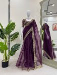 FANCY ORGANZA THREAD SEQUENCE WORK SAREE WITH UNSTITCHED BLOUSE PARTY WEAR WHOLESALE PRICE ETHNIC GARMENT (3)