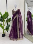 FANCY ORGANZA THREAD SEQUENCE WORK SAREE WITH UNSTITCHED BLOUSE PARTY WEAR WHOLESALE PRICE ETHNIC GARMENT (3)