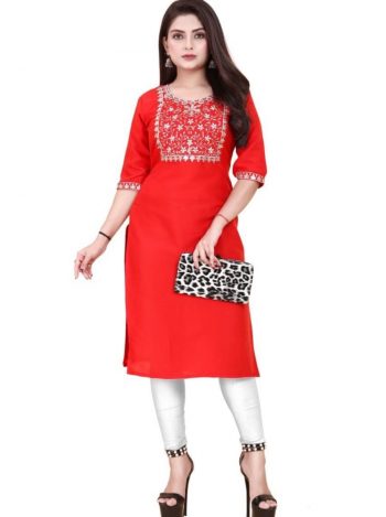 FANCY RAYON  SEQUENCE EMBROIDERY WORK KURTI  RED