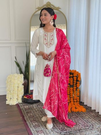 FANCY RAYON SLUB EMBROIDERY PRINT WORK TOP BOTTOM WITH DUPATTA WHITE
