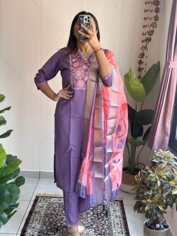 FANCY ROMAN SILK EMBROIDERY SEQUENCE WORK TOP BOTTOM WITH DUPATTA LAVANDER