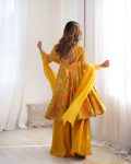 FANCY RROMAN SILK DISCHARGE PRINTING WORK KEDIYA STYLE TOP PALAZZO WITH DUPATTA PARTY WEAR WHOLESALE PRICE ETHNIC GARMENT (2)