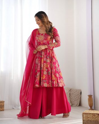 FANCY RROMAN SILK DISCHARGE PRINTING WORK KEDIYA STYLE TOP PALAZZO WITH DUPATTA RANI