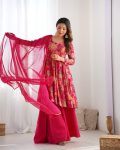 FANCY RROMAN SILK DISCHARGE PRINTING WORK KEDIYA STYLE TOP PALAZZO WITH DUPATTA PARTY WEAR WHOLESALE PRICE ETHNIC GARMENT (17)