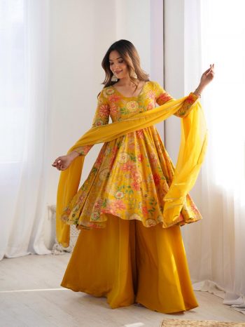 FANCY RROMAN SILK DISCHARGE PRINTING WORK KEDIYA STYLE TOP PALAZZO WITH DUPATTA YELLOW