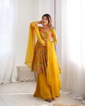 FANCY RROMAN SILK DISCHARGE PRINTING WORK KEDIYA STYLE TOP PALAZZO WITH DUPATTA PARTY WEAR WHOLESALE PRICE ETHNIC GARMENT (2)