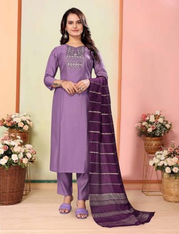 FANCY SILK THREAD EMBROIDERY WORK TOP BOTTOM WITH DUPATTA  LAVENDER