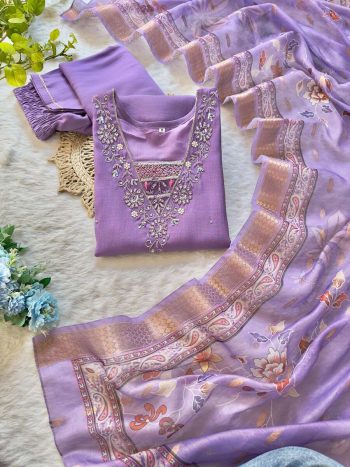 FANCY SOFT SILK HANDWORK THREAD SEQUENCE WORK TOP BOTTOM WITH DUPATTA LAVENDER