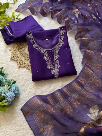FANCY SOFT VARTICAN HANDWORK SEQUENCE THREAD WORK NECK TOP BOTTOM WITH DUPATTA PURPLE